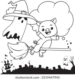 Halloween coloring page with pig for kids