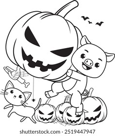Halloween coloring page with pig for kids
