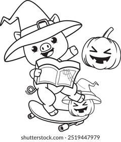 Halloween coloring page with pig for kids