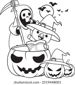 Halloween coloring page with pig for kids