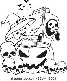 Halloween coloring page with pig for kids