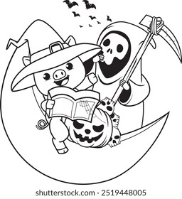 Halloween coloring page with pig for kids
