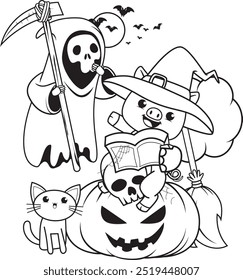 Halloween coloring page with pig for kids