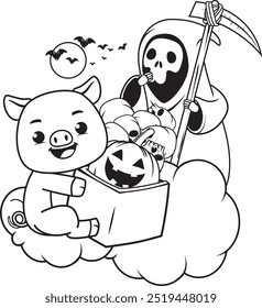 Halloween coloring page with pig for kids
