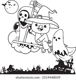 Halloween coloring page with pig for kids