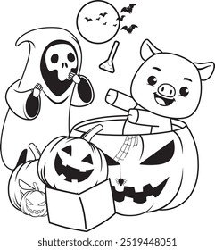 Halloween coloring page with pig for kids