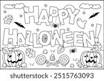 Halloween coloring page, poster, sign or banner. "Happy Halloween!" greeting
