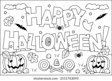 Página para colorear de Halloween, cartel, signo o Anuncio. "Feliz Halloween" saludo
