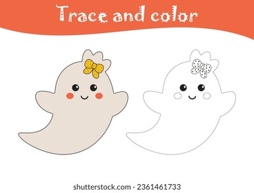 Halloween-Färberseite. Druckbares Ablaufverfolgungs- und Farbblatt, süßer Geist. Erziehungsspiel, Handschrift-Nachverfolgung für Kleinkinder, Kindergarten, Vorschulen. Zeichnen, Malen für Kinder.