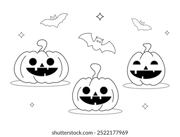 Página de coloração de Halloween com caracteres de abóbora. Laughing jack o lanterna e morcegos. Ilustração desenhada à mão para jardim de infância, escola, impressão.