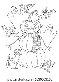 Halloween coloring page with pumpkins, cat, birds, ghosts and bats. Vector coloring page for adults and children.