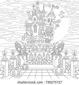 Halloween coloring page  Spooky castle  halloween pumpkins  witch  gothic statues dragons  full moon silhouette  Freehand sketch drawing for adult antistress coloring book in zentangle style 