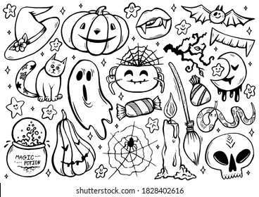 Halloween Coloring Page With Spooky Objects, Hand Drawn Cute Halloween Coloring Sheet