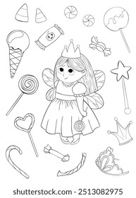 Halloween coloring page. Toddler in a fairy halloween costume and sweet treats. Cartoon vector magic collection outline clip art. Trendy hand drawn illustration with a child and candies