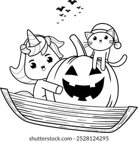 Halloween coloring page with unicorn for kids