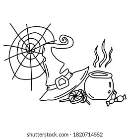 Halloween coloring page, witch hat, spider web and cauldron, holiday attributes on the theme of horror stories, vector outline illustration for design and creativity