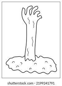 Halloween coloring page with a zombie hand coming out of the tomb. Creepy print for coloring book. Vector illustration