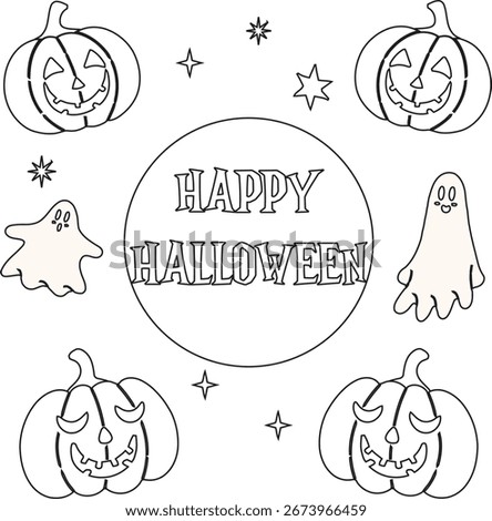 Halloween Coloring Pages. 4 Pumpkins Head with 2 Spooky Ghost. 