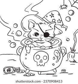 Halloween coloring pages for adults and kids Cute kitten witch