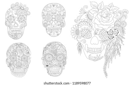 	
Halloween Coloring Pages. Coloring Book for adults. Flowers on skulls collection for design element.Clean lines drawing with doodle and zentangle elements.Vector illustration