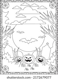 Halloween Coloring Pages for kids.  Black and white vector illustration. Happy Halloween. Vector illustration of a coloring on a Halloween. Halloween background cemetery. 