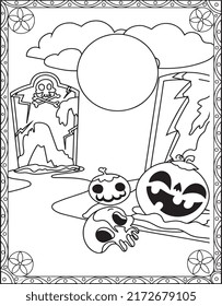 Halloween Coloring Pages for kids.  Black and white vector illustration. Happy Halloween. Vector illustration of a coloring on a Halloween. Halloween background cemetery. 