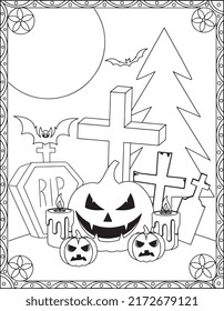 Halloween Coloring Pages for kids.  Black and white vector illustration. Happy Halloween. Vector illustration of a coloring on a Halloween. Halloween background cemetery. 