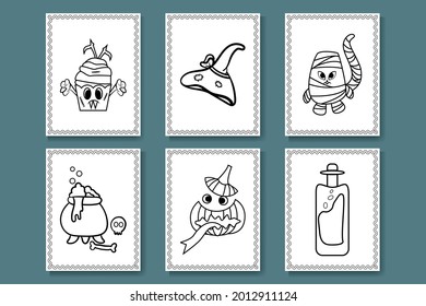 Halloween Coloring Pages For Kids Book. Kids Education Activity Book and Pages. Cartoon Illustration with ghosts, Hats and pumpkins at night. Vector Illustration.
