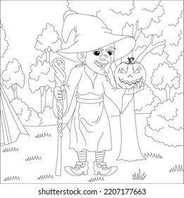 Halloween Coloring pages for kids. Cartoon children in Halloween costumes. witch, pumpkin.