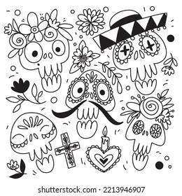 
Halloween coloring pages, line vector illustration, all saints day, mexican skull party