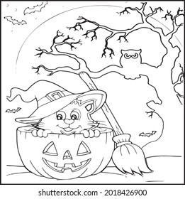 Halloween Coloring Pages. Halloween Pumpkin, Halloween cat, Happy Halloween. Gift for the Holiday. Birthday. Black and white illustration for coloring book