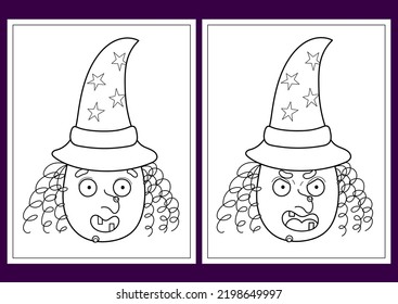 Halloween coloring pages set with a cute witch - happy and angry. Spooky print in cartoon style for coloring book. Vector illustration