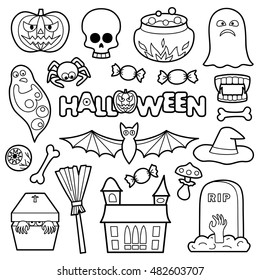 Halloween coloring patches. Pin badges set. Black and white stickers collection. Appliques for denim or clothes.