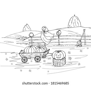 Halloween coloring with Scarecrow garden, pumpkin on a stump, broom, cart with crops, hedge, fields, maple leaves. Black and white vector illustration drawn by hand.