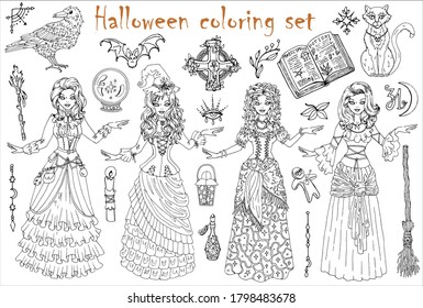 Halloween coloring set with beautiful witch girls in gipsy, medieval and steampunk costumes, scary witchcraft objects. Hand drawn vector illustration for coloring. Doodle clip art collection 