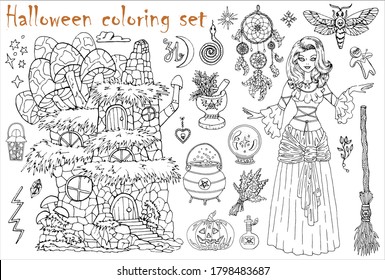 Halloween coloring set with beautiful witch girl, house, moth, broom and dreamcatcher isolated on white. Hand drawn vector illustration for coloring. Doodle black and white clip art collection 