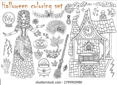 Halloween coloring set with beautiful witch girl wearing medieval costume, tarot cards, pumpkin, broom. Hand drawn vector illustration for coloring. Doodle black and white clip art collection