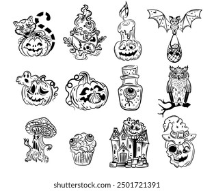 Halloween coloring set, Freehand drawing, isolate on a white background. Vector