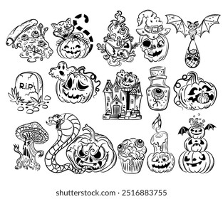 Halloween coloring set, Freehand drawing, isolate on a white background. Vector