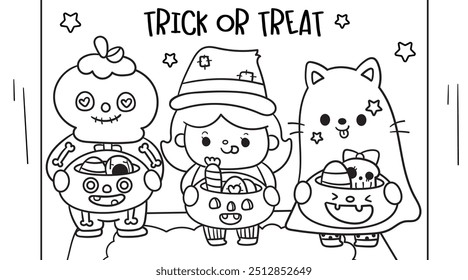 Halloween para colorear Cráneo de dibujos animados gato y bruja sosteniendo calabaza de caramelo gato o linterna. Dibujos para colorear para niños Actividad infantil. Dibujo kawaii (truco o trato). Perfecto para pedir un deseo para la fiesta infantil.