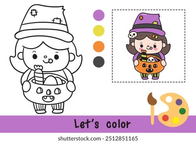 Halloween coloring witch girl cartoon holding pumpkin candy jack o lantern. Coloring pages for kids Children activity. Kawaii drawing (trick or treaters). Perfect make a wish for child party.