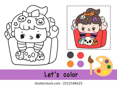 Halloween coloring witch girl outline on spooky French fries character. Coloring pages for kids Children activity. Kawaii drawing (trick or treaters). Perfect make a wish for child party and classroom