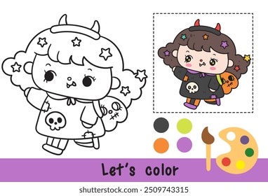 Halloween coloring witch girl with pumpkin bag spooky character. Coloring pages for kids Children activity. Kawaii drawing (trick or treaters). Perfect make a wish for child party and classroom.