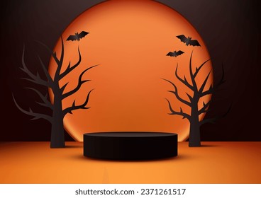 Los colores de Halloween muestran la decoración de podio negro 3D con círculo naranja, árbol negro muerto y murciélagos con fondo de pared naranja. Concepto de Halloween, presentación de productos. Ilustración del vector