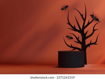 Halloween colors theme product display 3D black podium decoration with black dead tree and bats on orange wall background. Halloween concept, product display, mockup, showroom. Vector illustration
