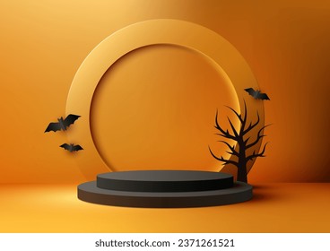 Los colores de Halloween muestran la decoración de podio negro 3D con círculo, árbol negro muerto y murciélagos sobre fondo de pared naranja. Concepto de Halloween, presentación de productos, burla. Ilustración del vector