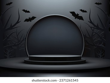 Halloween colors theme product display 3D black podium decoration with circle, black dead tree and bats on dark wall background. Halloween concept, product display, mockup. Vector illustration