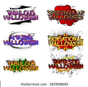 Halloween Comic book style cartoon words on abstract colorful comics background.