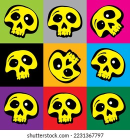 Halloween. Comic character of the human skull. Vector image for prints, poster and illustrations.