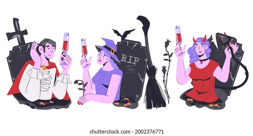 Halloween comic characters including witch and Dracula, devil girl celebrating holiday in tombs, cartoon flat vector illustration isolated on white background. Halloween cards and invitation banner.